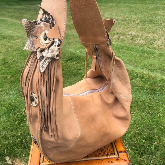 Pulicati Handbags - Pulicati Python Trim Leather Hobo Bag